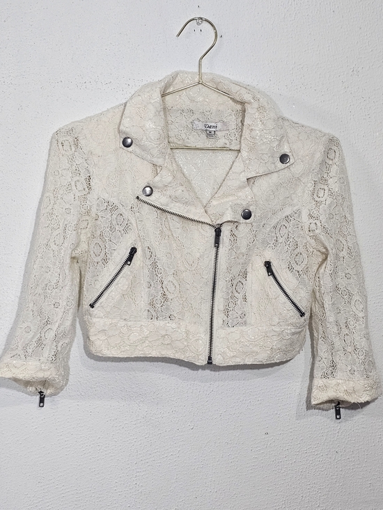 Jackets & Blazers - Y2K Dani Ivory Lace Moto Jacket Women's Sz M Cropped 3/4 Sleeve Biker Boho Chic